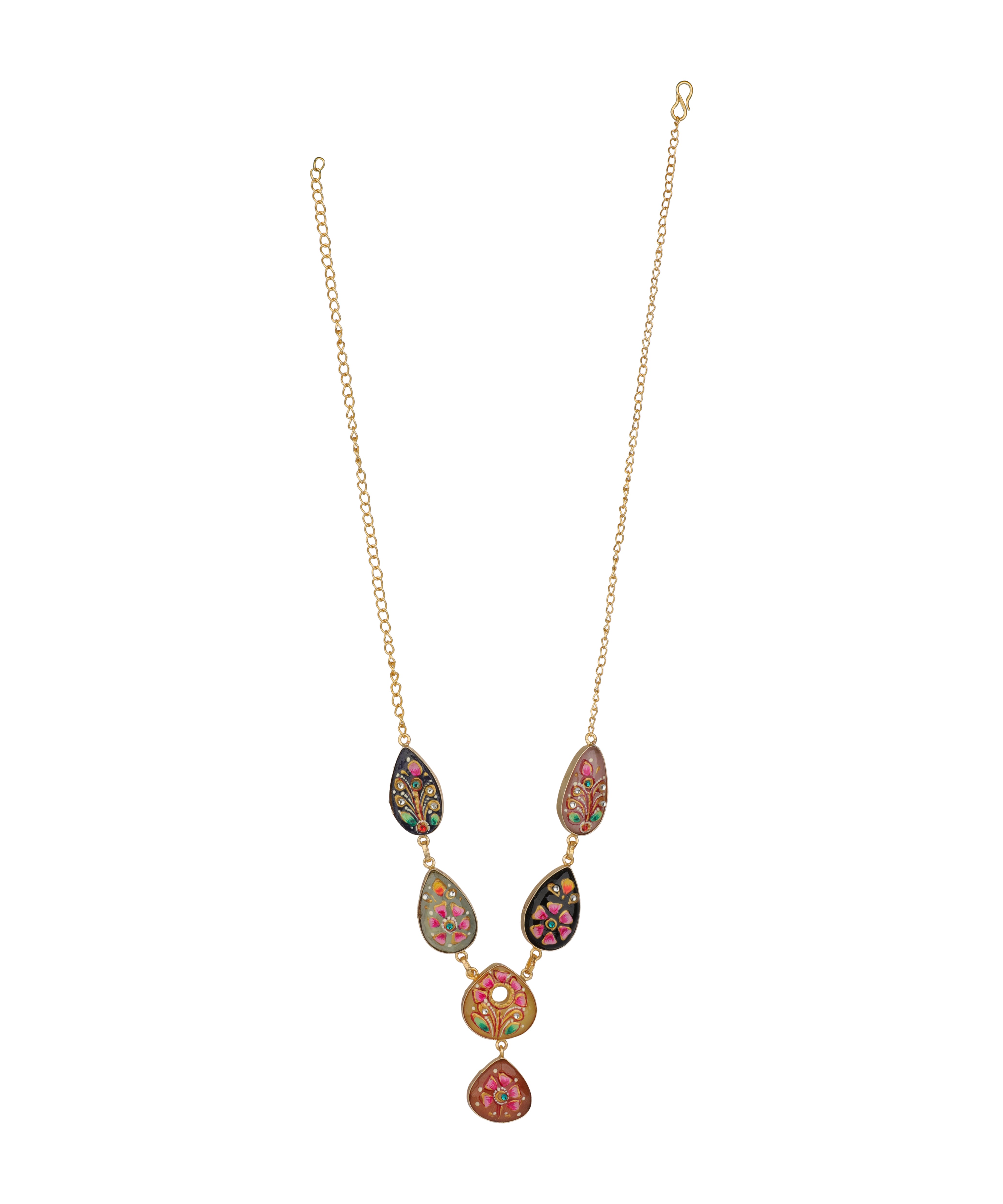 A gold-tone chain necklace featuring a series of colorful, teardrop-shaped pendant charms with intricate floral patterns in pink, green, and orange, set against a plain white background.