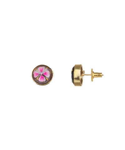 A pair of gold stud earrings, one shown from the front with a pink and white floral design, and the other from the side showing the post and backing, on a plain white background.