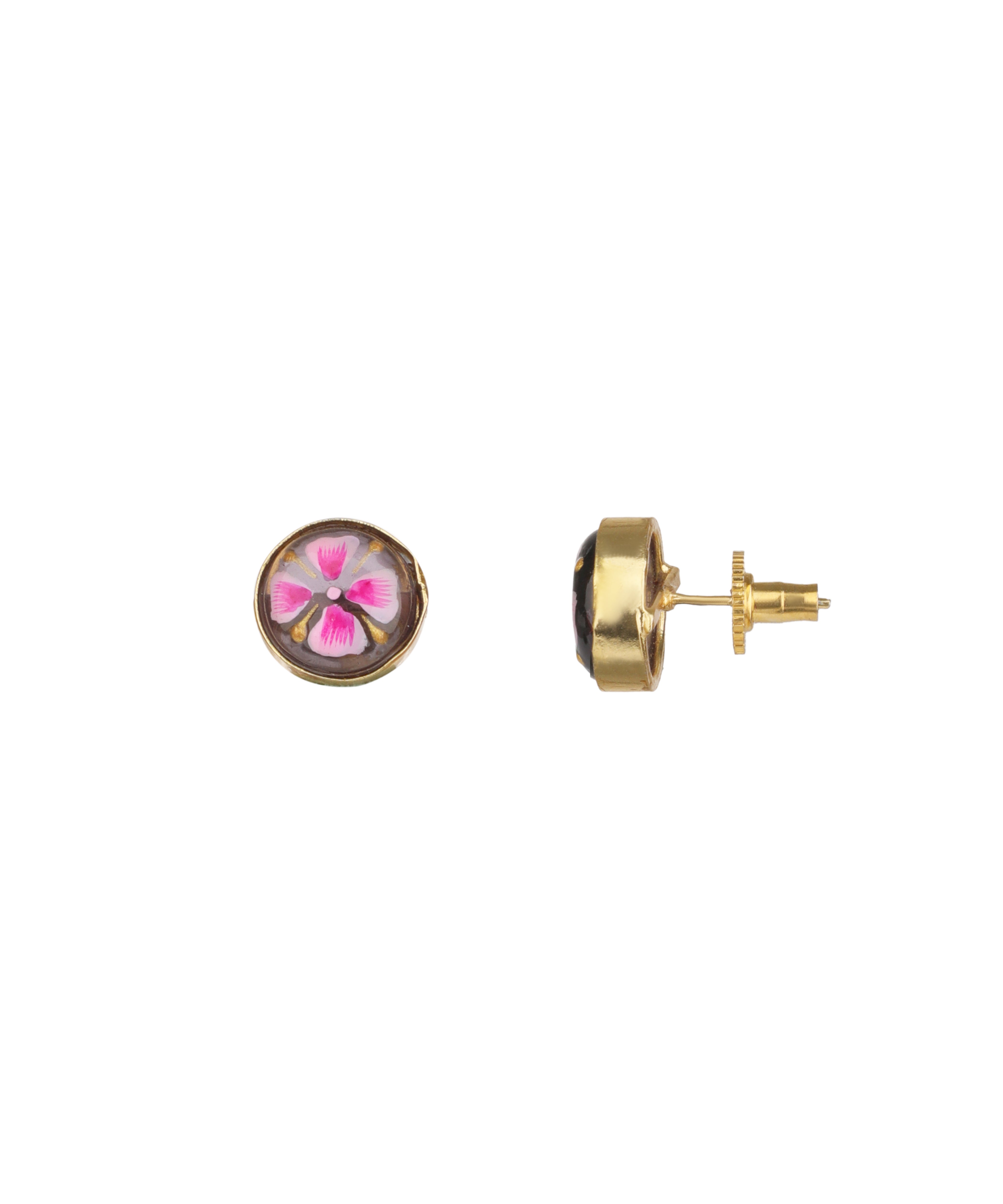 A pair of gold stud earrings, one shown from the front with a pink and white floral design, and the other from the side showing the post and backing, on a plain white background.
