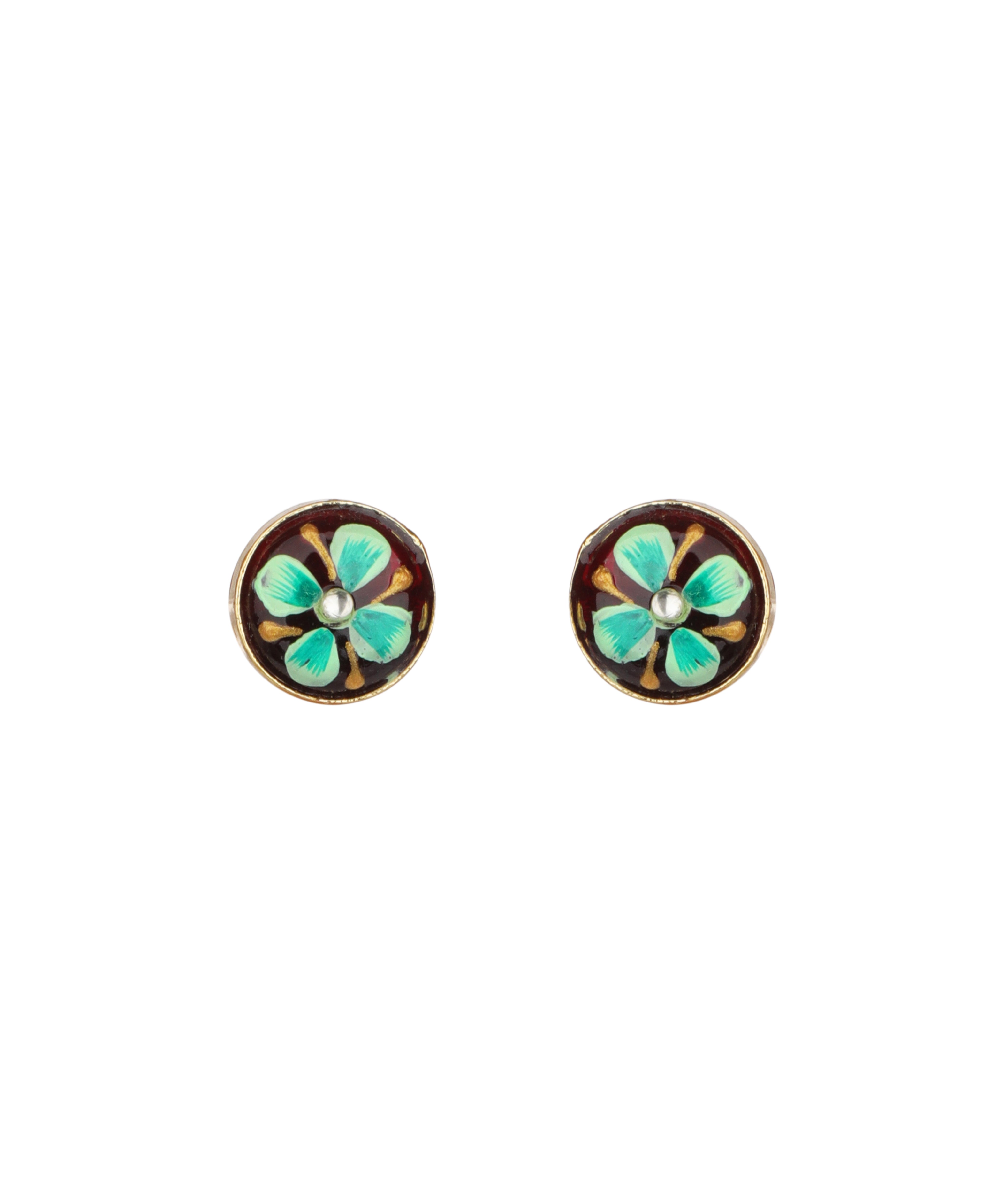 A pair of oval stud earrings featuring a turquoise and gold floral design on a dark brown background, with a small clear stone at the center of each.