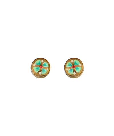 A pair of oval gold-toned stud earrings featuring a turquoise and green floral design with small white dots, set against a plain white background.