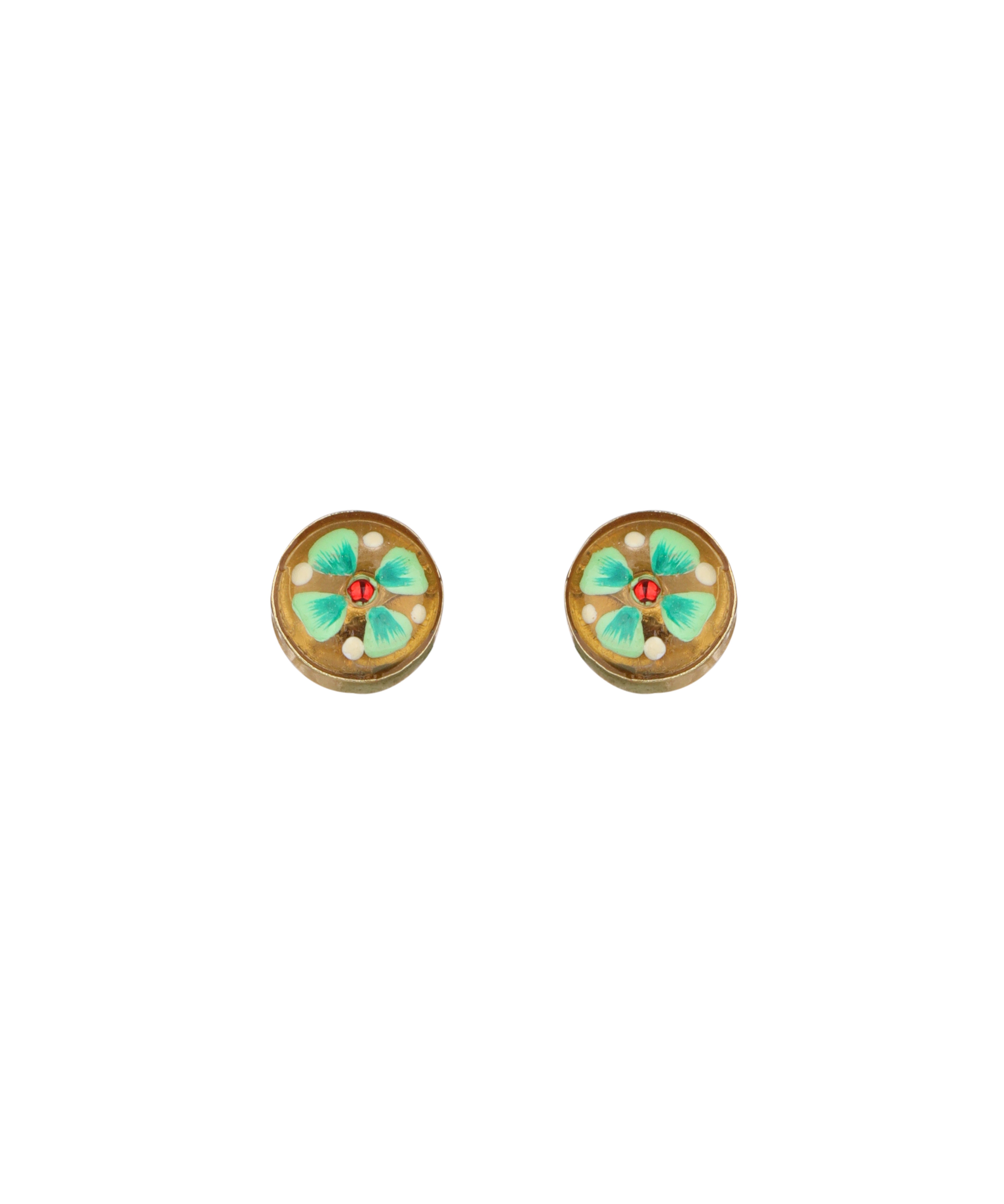 A pair of oval gold-toned stud earrings featuring a turquoise and green floral design with small white dots, set against a plain white background.