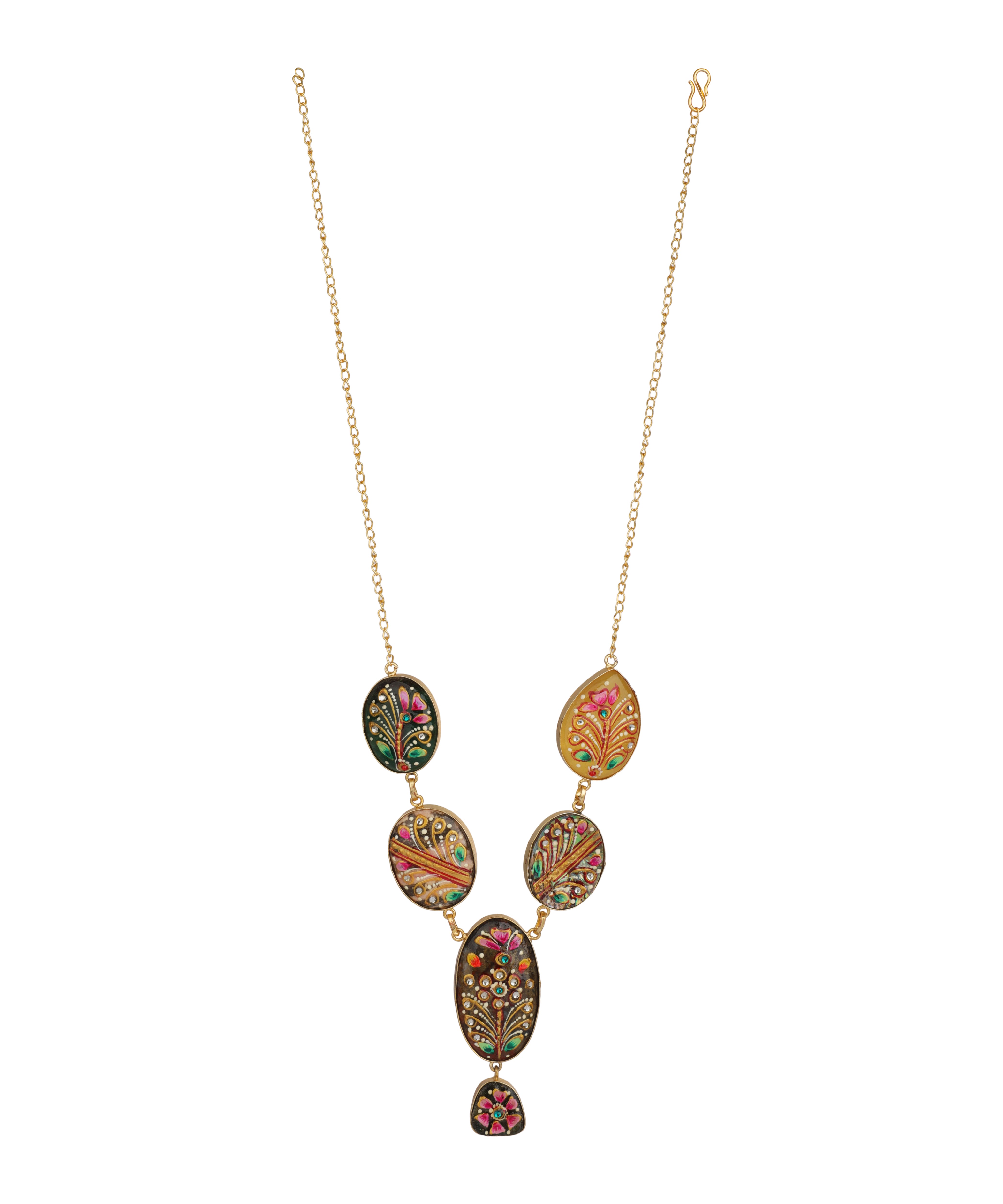 A gold chain necklace featuring five vertically stacked oval and teardrop-shaped charms decorated with intricate multicolor floral and paisley patterns, shown against a plain white background.